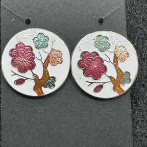 Floral Cloisonné Enamel Earrings with Pink and Green Pierced